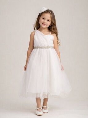 Sophie Young Girls White Tulle Dress One Shoulder Beaded Waist Size 10